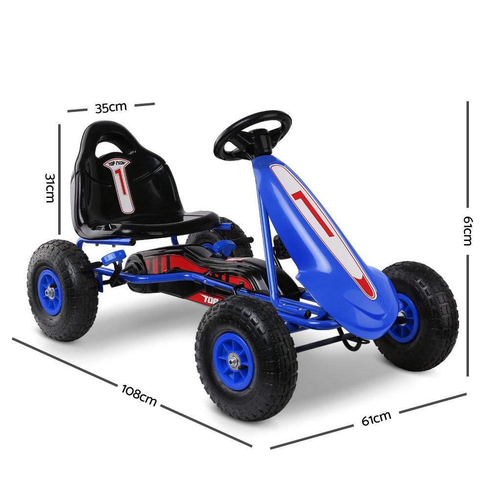 Rigo Kids Pedal Go Kart in blue color with rubber tyres, designed for children aged 3 and above, showcasing its sturdy frame and adjustable seat.