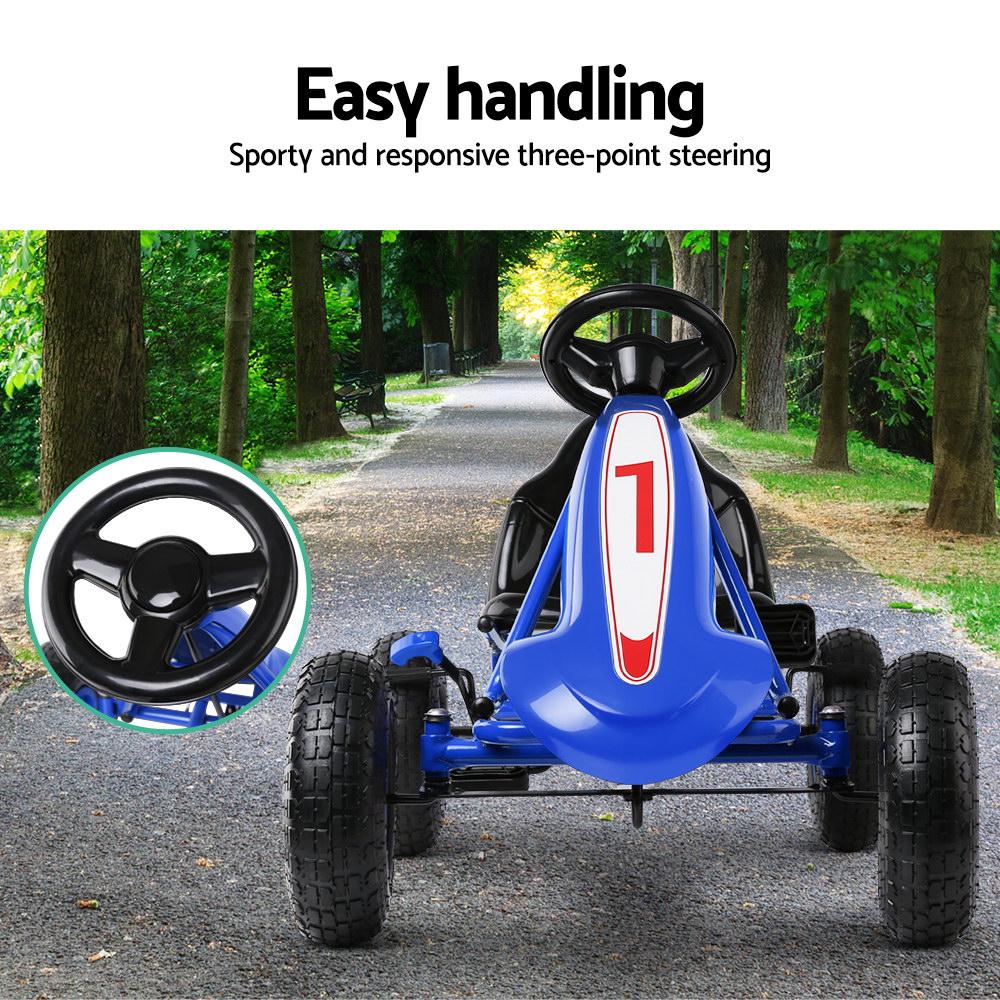 Rigo Kids Pedal Go Kart in blue color with rubber tyres, designed for children aged 3 and above, showcasing its sturdy frame and adjustable seat.