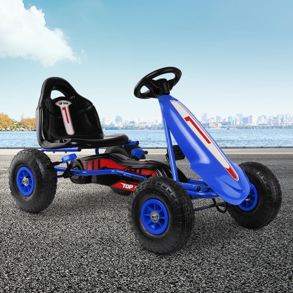 Rigo Kids Pedal Go Kart in blue color with rubber tyres, designed for children aged 3 and above, showcasing its sturdy frame and adjustable seat.