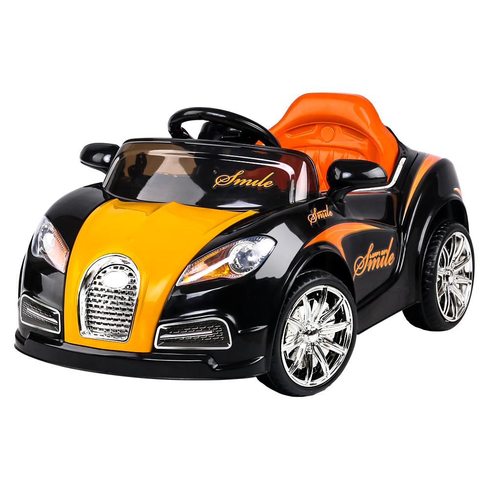 Rigo Kids Ride On Car in Black and Orange, featuring a sleek Bugatti-inspired design with headlights and a spacious seat.