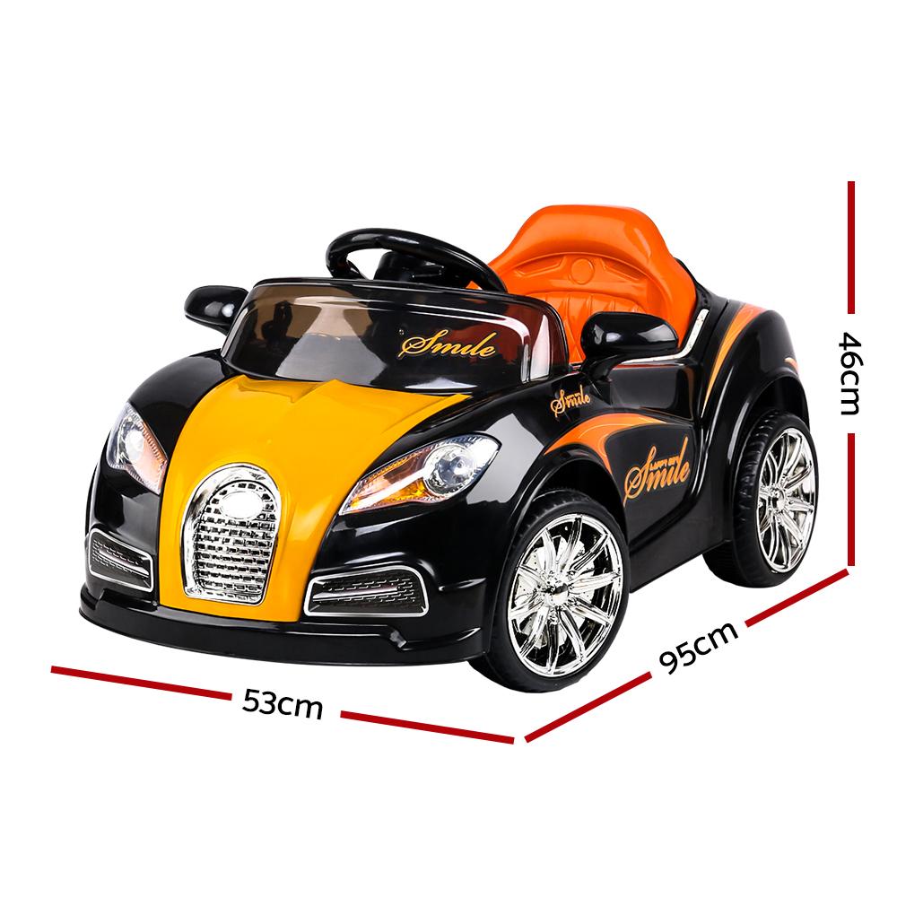 Rigo Kids Ride On Car in Black and Orange, featuring a sleek Bugatti-inspired design with headlights and a spacious seat.