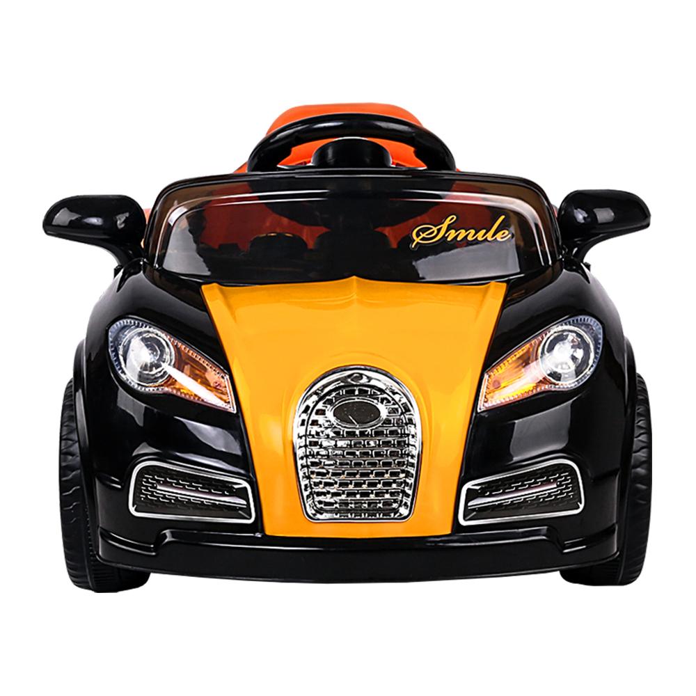 Rigo Kids Ride On Car in Black and Orange, featuring a sleek Bugatti-inspired design with headlights and a spacious seat.