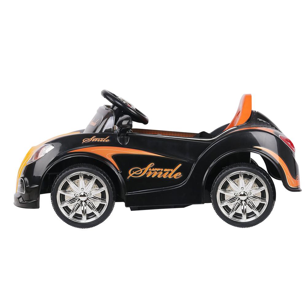 Rigo Kids Ride On Car in Black and Orange, featuring a sleek Bugatti-inspired design with headlights and a spacious seat.