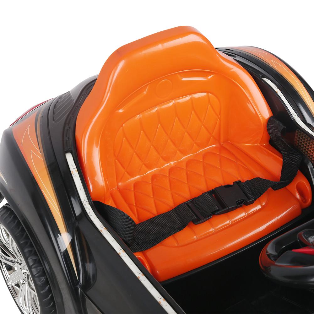 Rigo Kids Ride On Car in Black and Orange, featuring a sleek Bugatti-inspired design with headlights and a spacious seat.