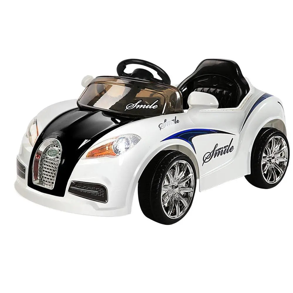 Rigo Kids Ride On Car in black and white, featuring a sleek design, adjustable seat belt, and realistic driving features for children.