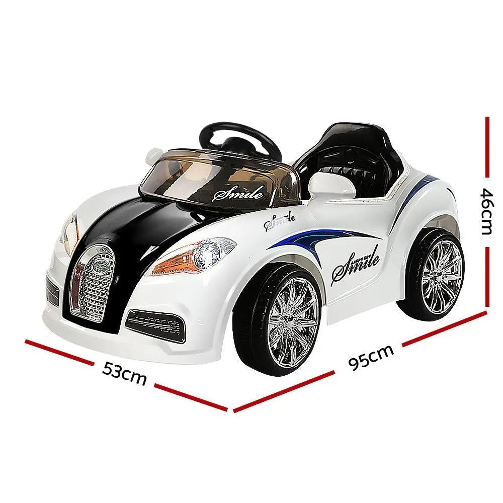 Rigo Kids Ride On Car in black and white, featuring a sleek design, adjustable seat belt, and realistic driving features for children.