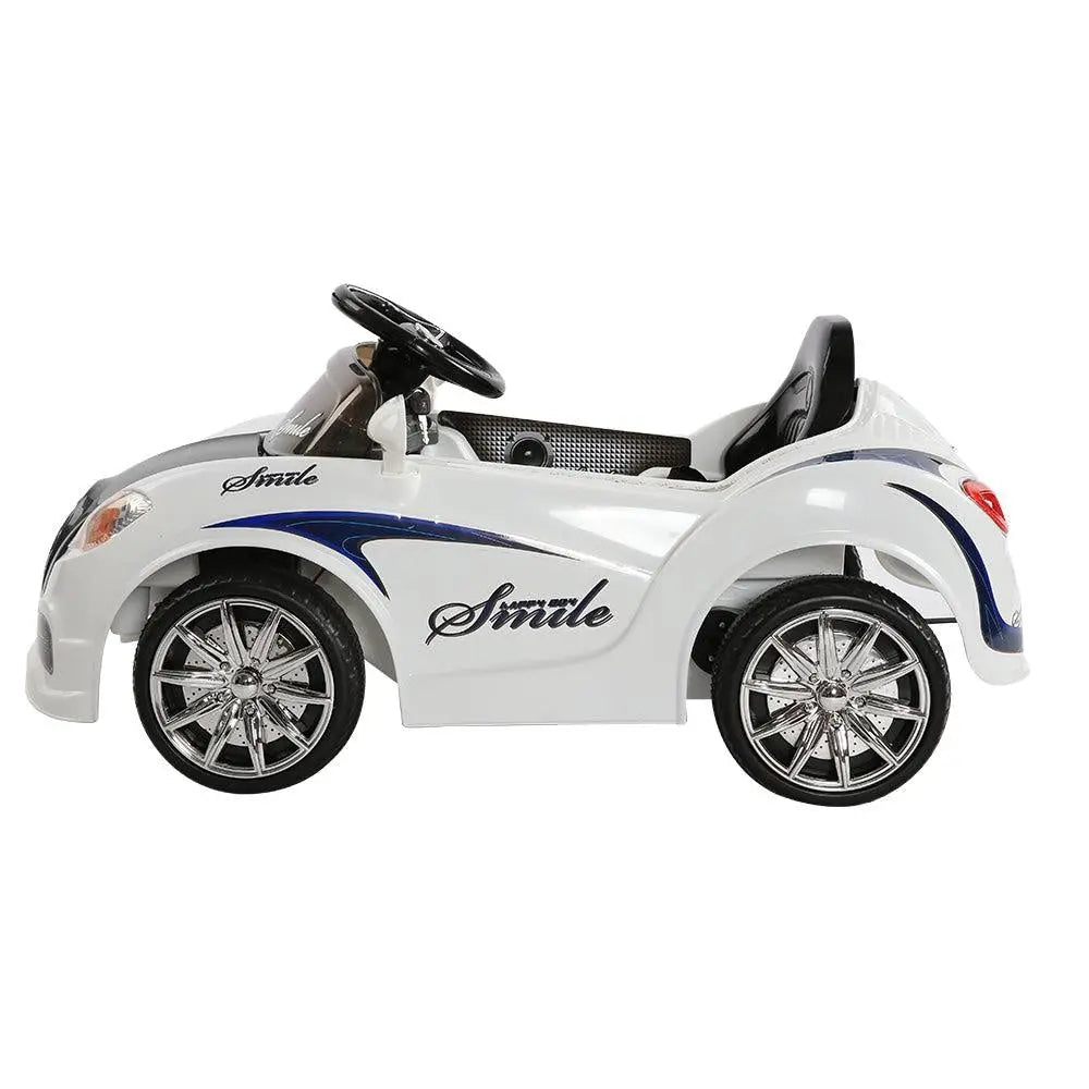 Rigo Kids Ride On Car in black and white, featuring a sleek design, adjustable seat belt, and realistic driving features for children.