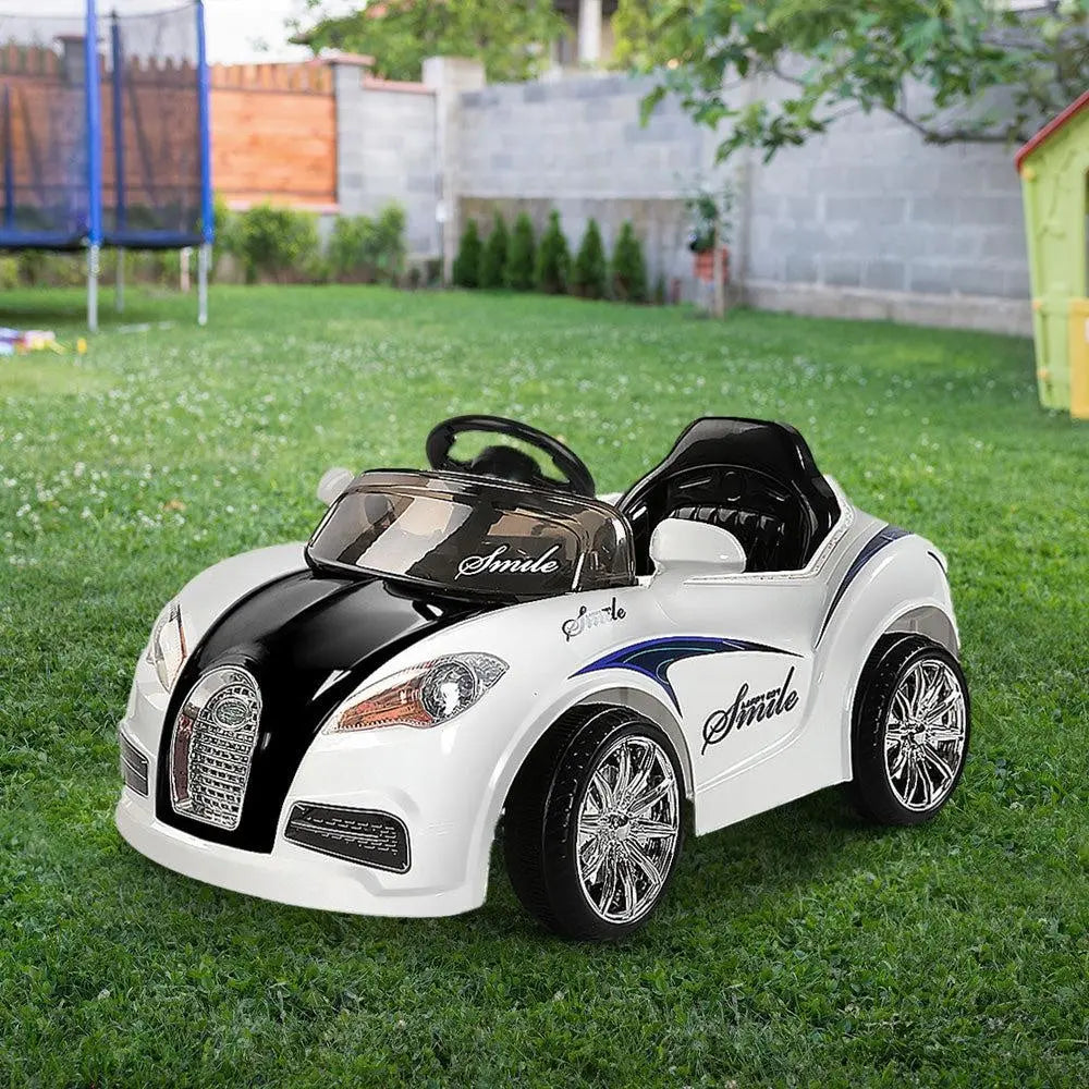 Rigo Kids Ride On Car in black and white, featuring a sleek design, adjustable seat belt, and realistic driving features for children.