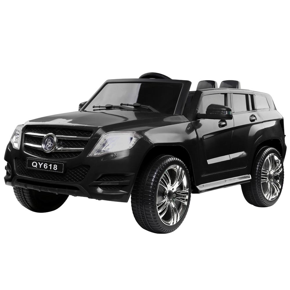 Rigo Kids Ride On Car in black, resembling a Mercedes Benz ML 450, featuring a sleek design and functional dashboard.