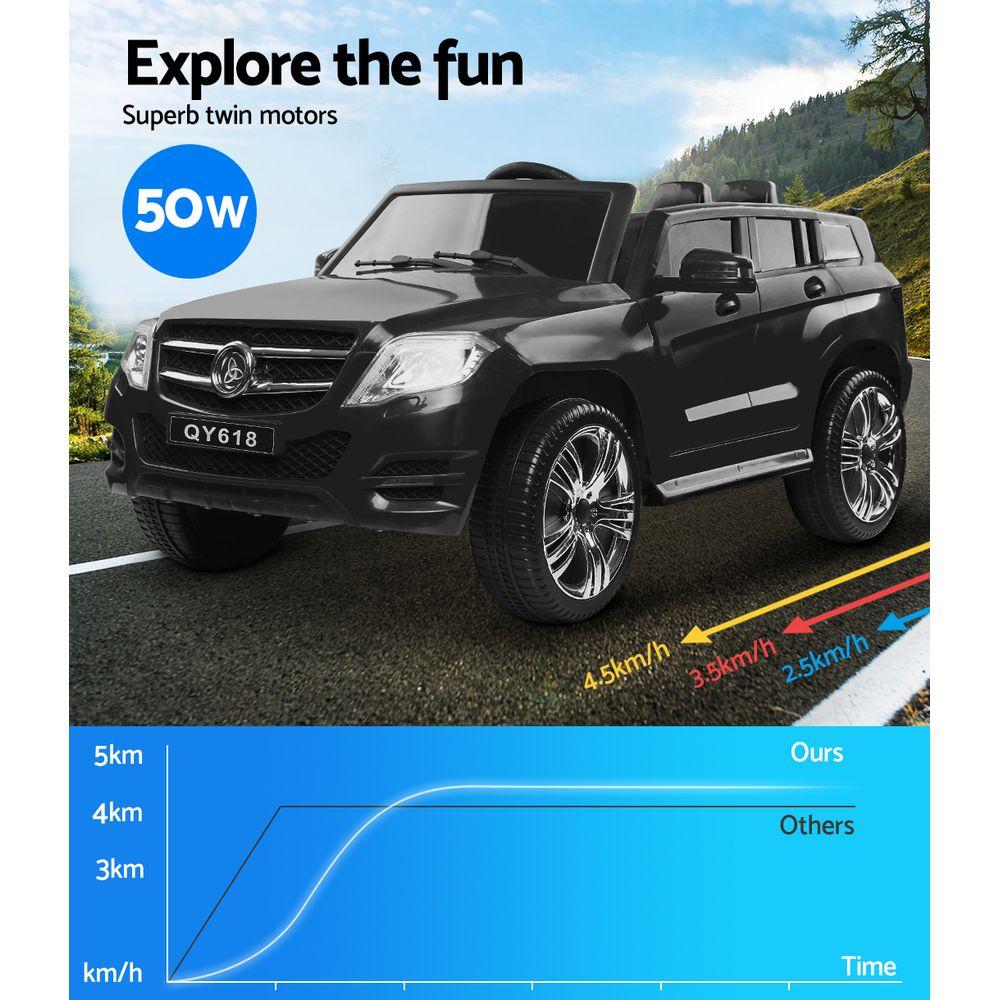 Rigo Kids Ride On Car in black, resembling a Mercedes Benz ML 450, featuring a sleek design and functional dashboard.