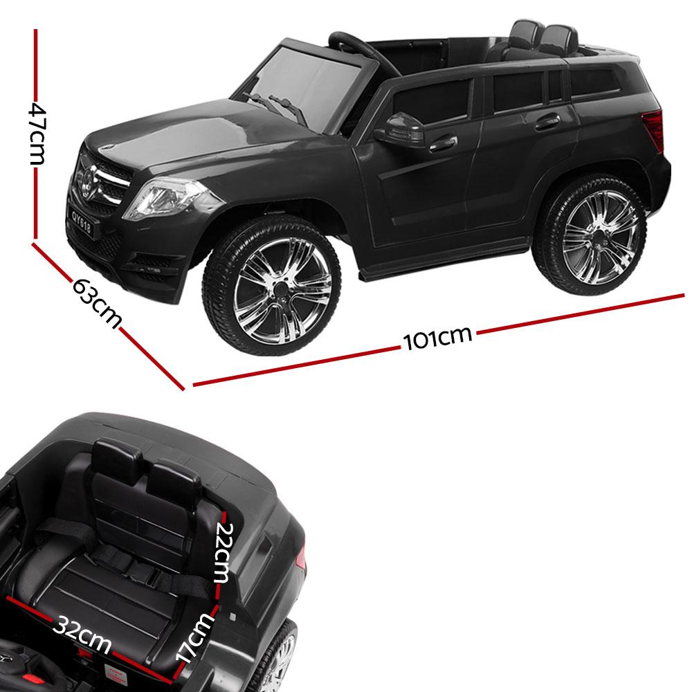 Rigo Kids Ride On Car in black, resembling a Mercedes Benz ML 450, featuring a sleek design and functional dashboard.