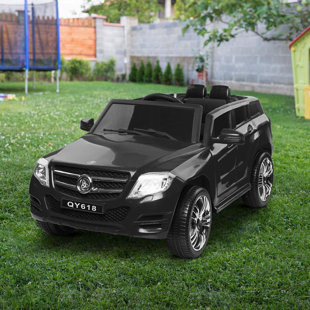 Rigo Kids Ride On Car in black, resembling a Mercedes Benz ML 450, featuring a sleek design and functional dashboard.