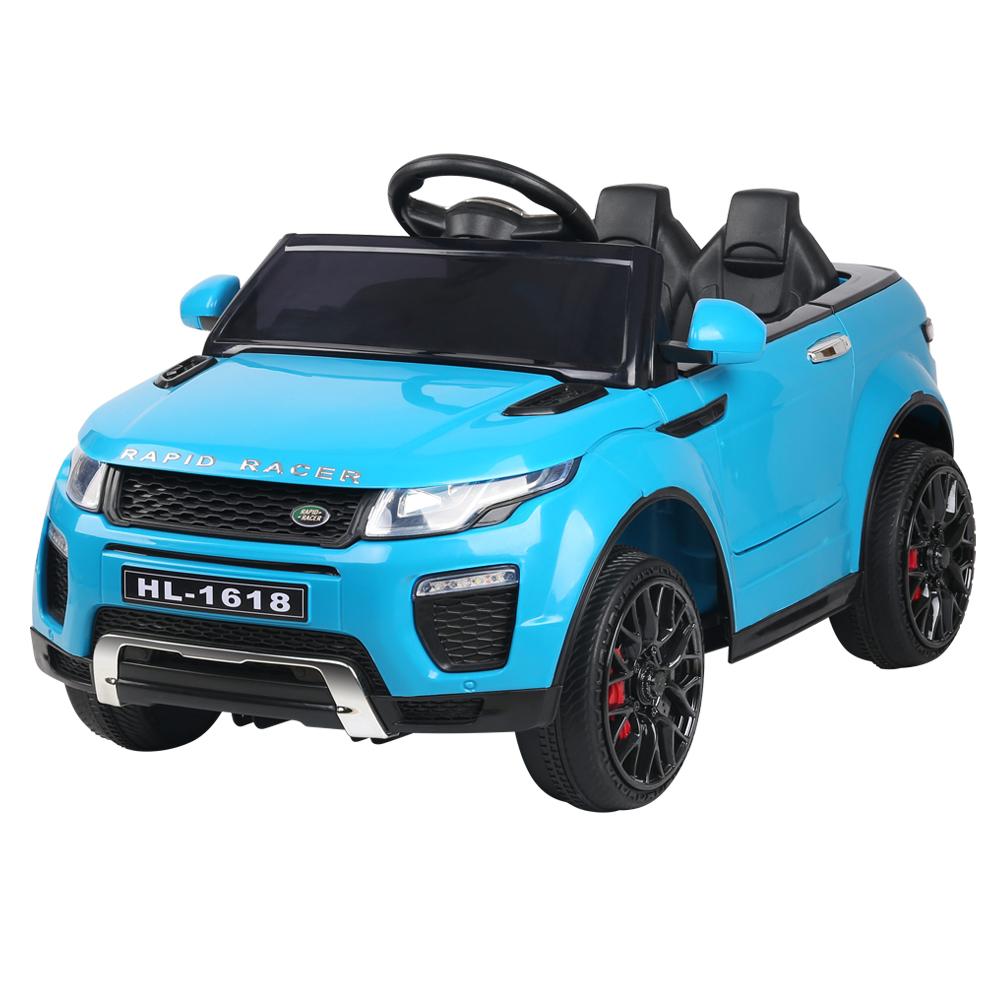 Rigo Kids Ride On Car in blue with dynamic design, headlights, and remote control features, perfect for children aged 3-8.