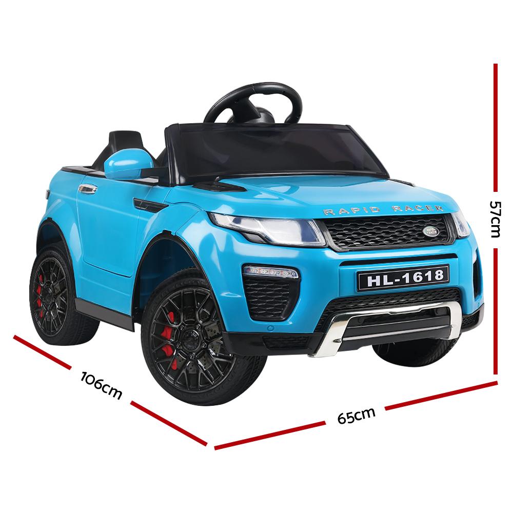 Rigo Kids Ride On Car in blue with dynamic design, headlights, and remote control features, perfect for children aged 3-8.