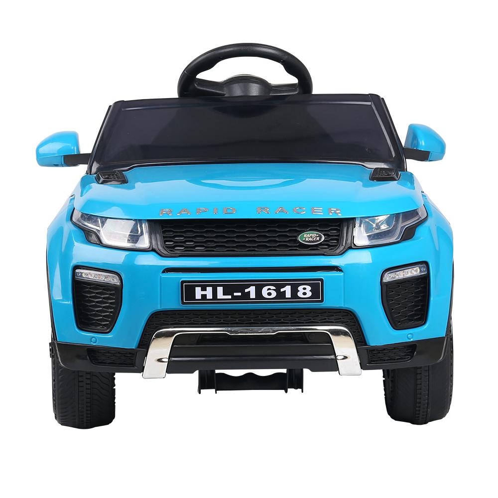 Rigo Kids Ride On Car in blue with dynamic design, headlights, and remote control features, perfect for children aged 3-8.