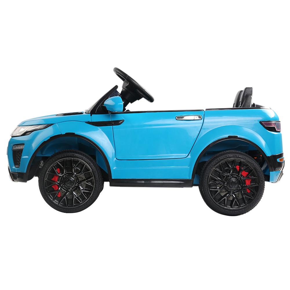 Rigo Kids Ride On Car in blue with dynamic design, headlights, and remote control features, perfect for children aged 3-8.