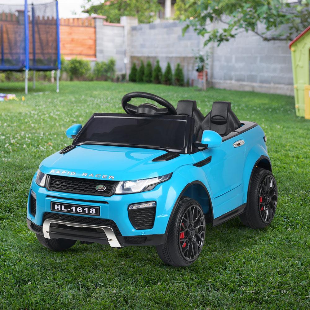 Rigo Kids Ride On Car in blue with dynamic design, headlights, and remote control features, perfect for children aged 3-8.