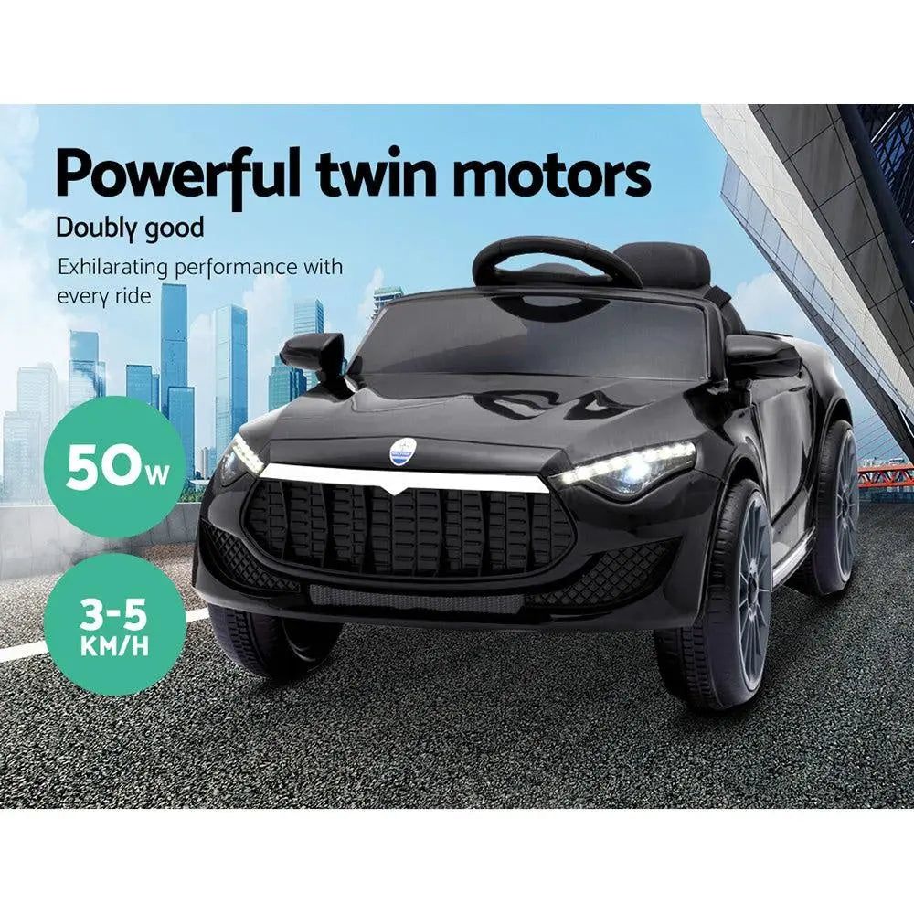 Rigo Kids Ride On Car in black, featuring Maserati-inspired design, remote control, and safety features for children.