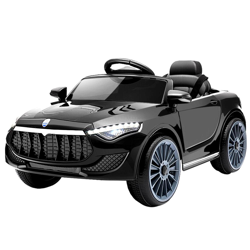 Rigo Kids Ride On Car in black, featuring Maserati-inspired design, remote control, and safety features for children.