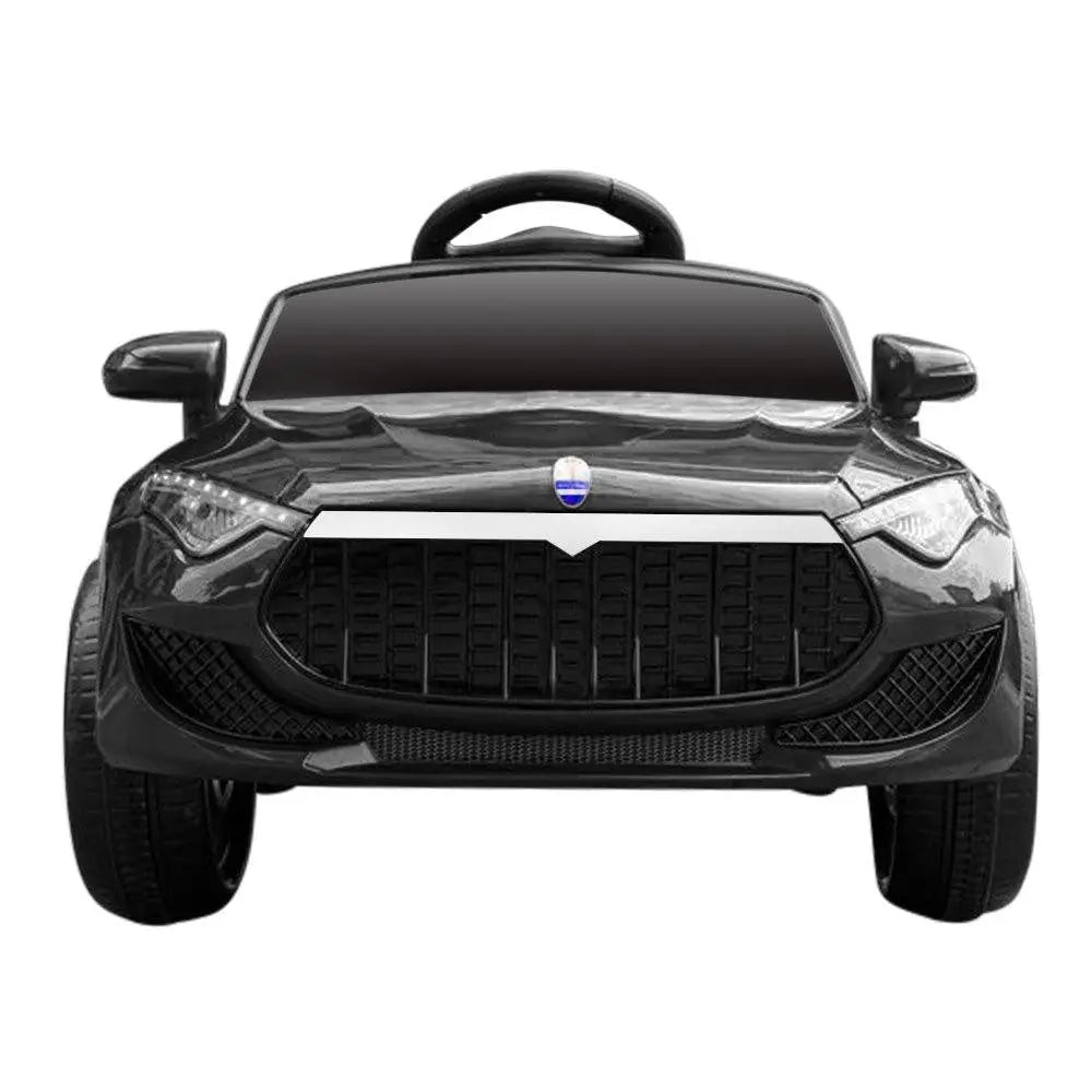 Rigo Kids Ride On Car in black, featuring Maserati-inspired design, remote control, and safety features for children.