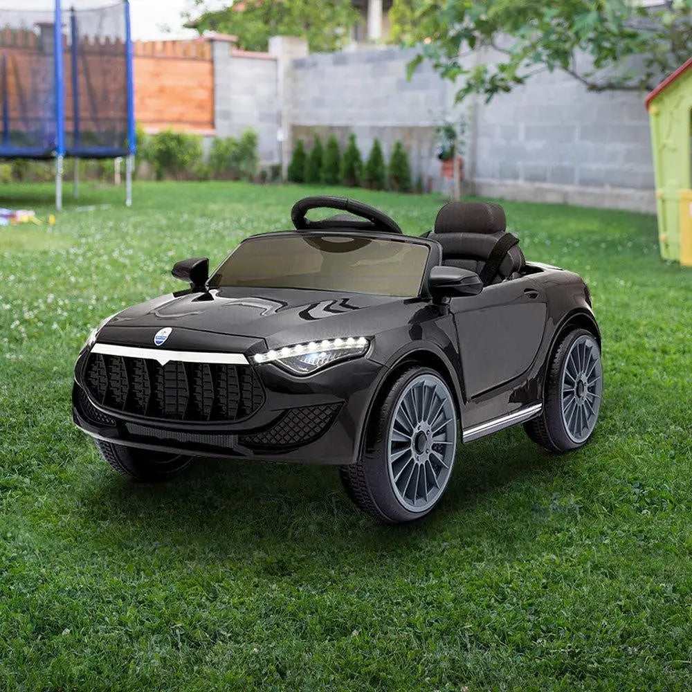 Rigo Kids Ride On Car in black, featuring Maserati-inspired design, remote control, and safety features for children.