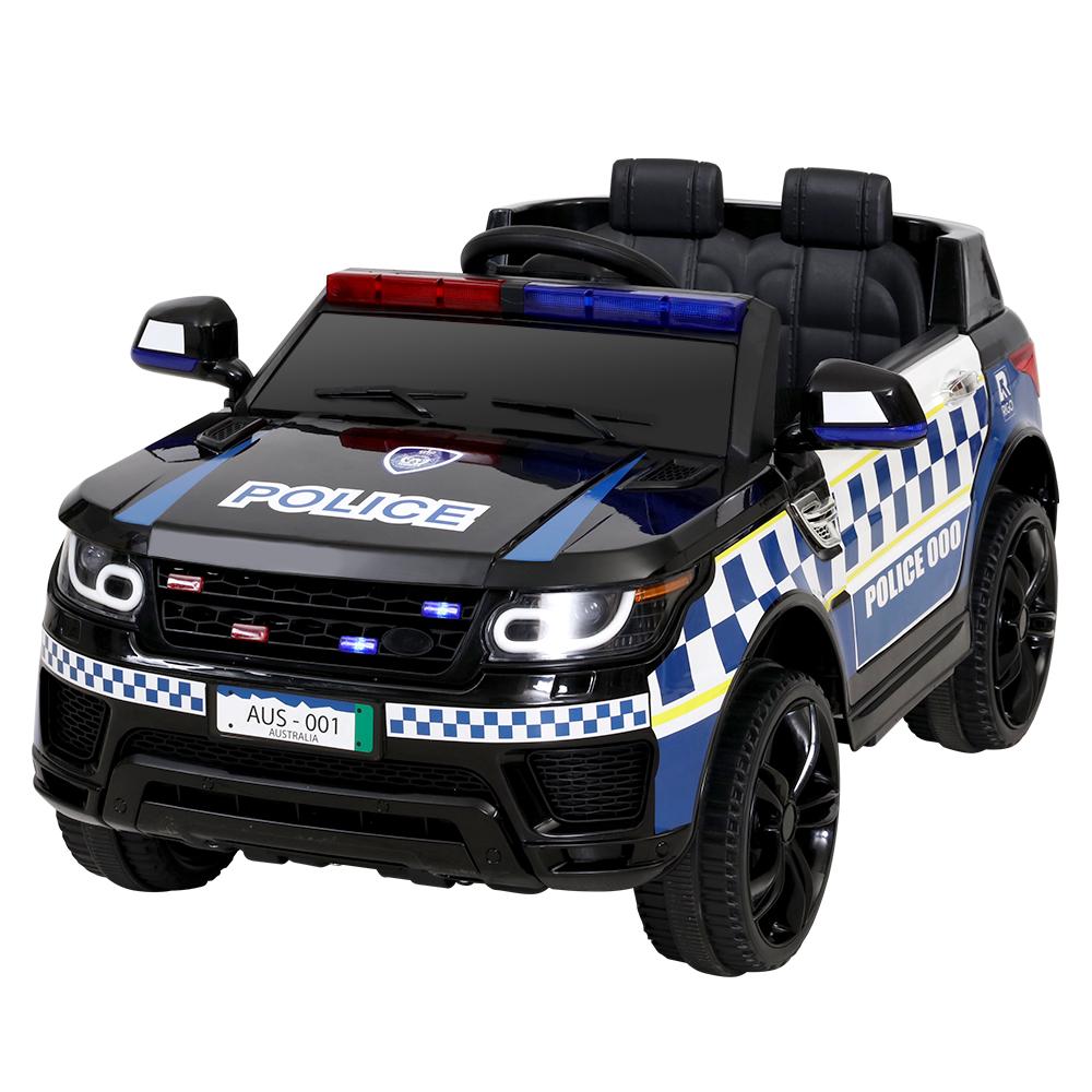 Rigo Kids Ride On Police Car featuring a sleek black design, working doors, and a realistic police lightbar, perfect for children aged 3 and above.