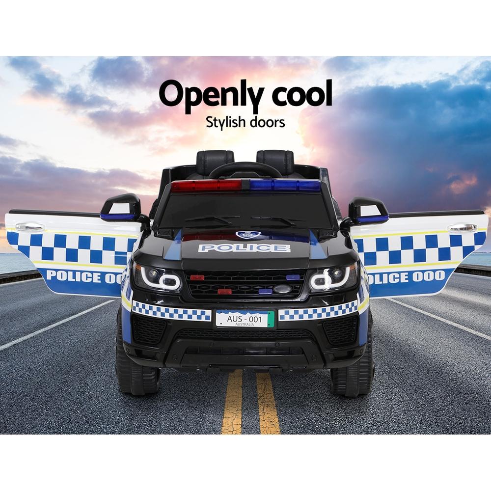 Rigo Kids Ride On Police Car featuring a sleek black design, working doors, and a realistic police lightbar, perfect for children aged 3 and above.