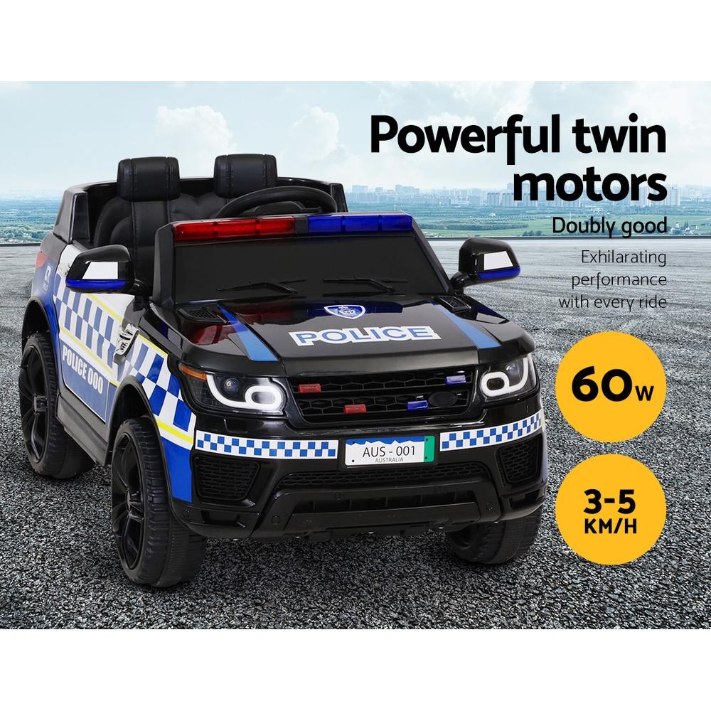 Rigo Kids Ride On Police Car featuring a sleek black design, working doors, and a realistic police lightbar, perfect for children aged 3 and above.