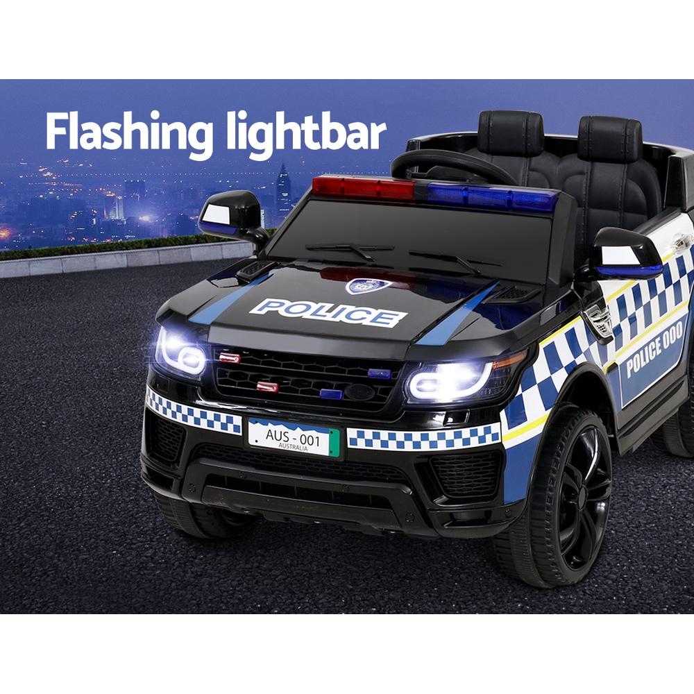 Rigo Kids Ride On Police Car featuring a sleek black design, working doors, and a realistic police lightbar, perfect for children aged 3 and above.