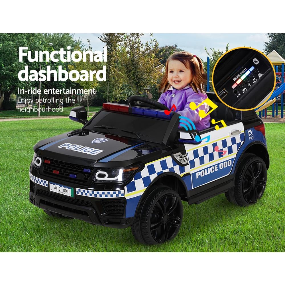 Rigo Kids Ride On Police Car featuring a sleek black design, working doors, and a realistic police lightbar, perfect for children aged 3 and above.