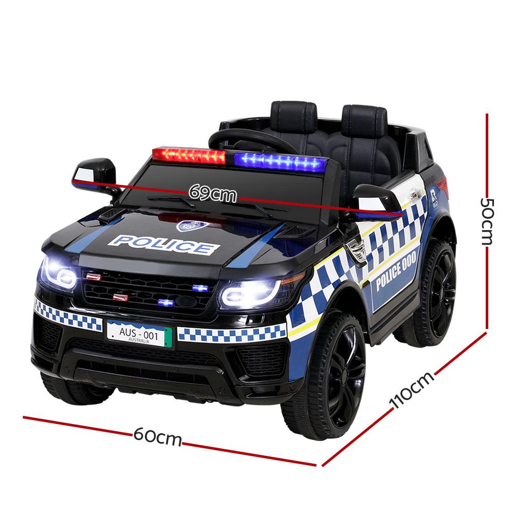 Rigo Kids Ride On Police Car featuring a sleek black design, working doors, and a realistic police lightbar, perfect for children aged 3 and above.