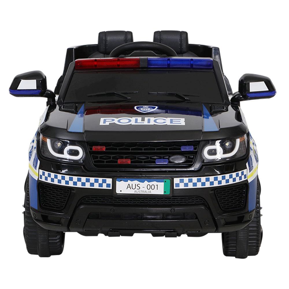 Rigo Kids Ride On Police Car featuring a sleek black design, working doors, and a realistic police lightbar, perfect for children aged 3 and above.