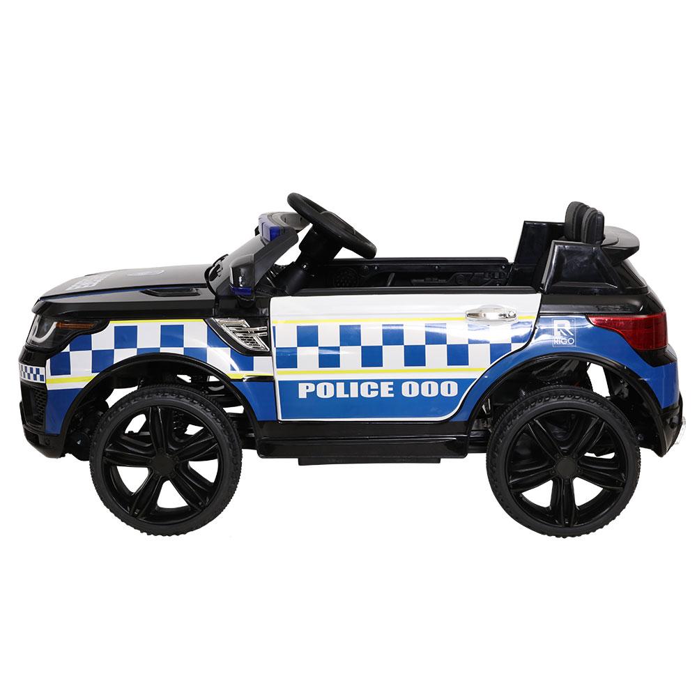 Rigo Kids Ride On Police Car featuring a sleek black design, working doors, and a realistic police lightbar, perfect for children aged 3 and above.