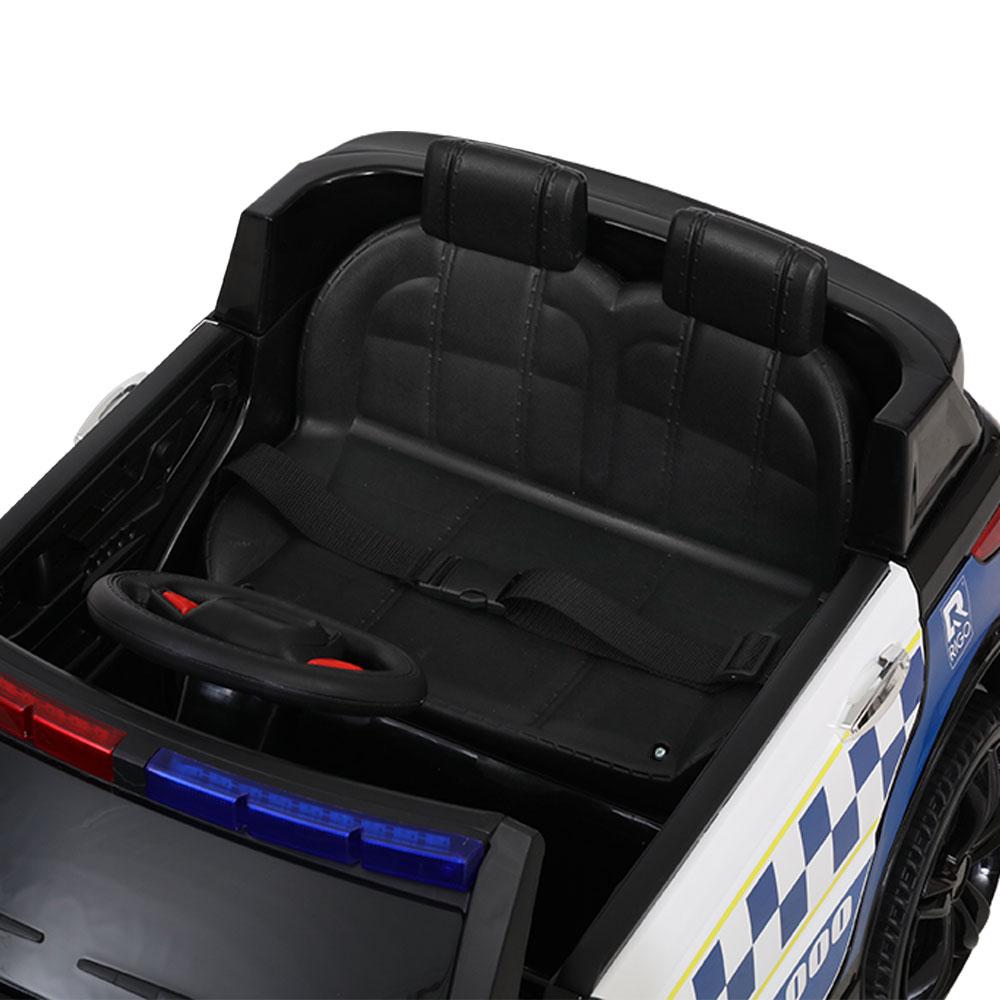 Rigo Kids Ride On Police Car featuring a sleek black design, working doors, and a realistic police lightbar, perfect for children aged 3 and above.