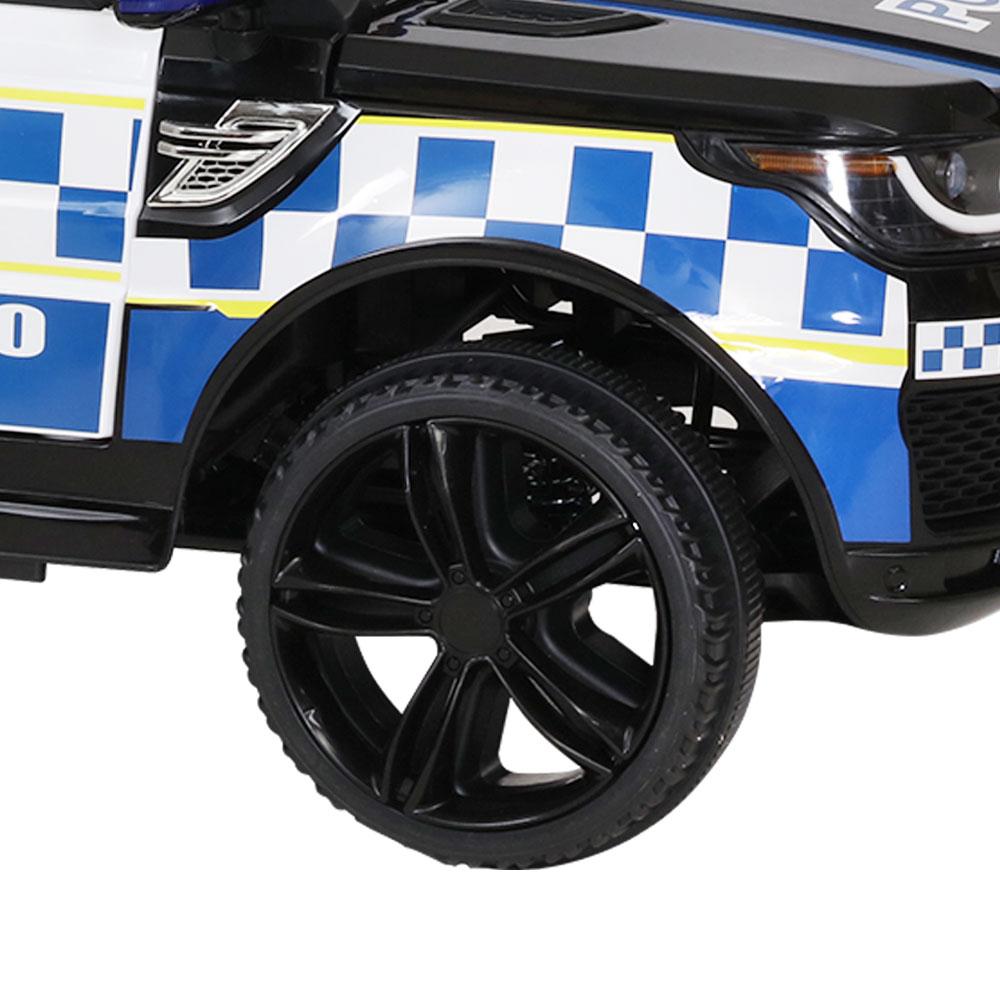 Rigo Kids Ride On Police Car featuring a sleek black design, working doors, and a realistic police lightbar, perfect for children aged 3 and above.