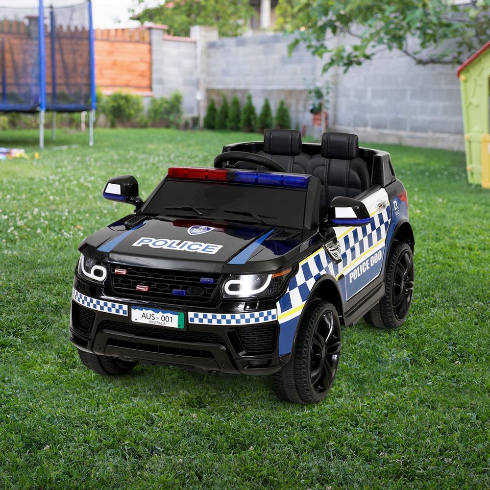 Rigo Kids Ride On Police Car featuring a sleek black design, working doors, and a realistic police lightbar, perfect for children aged 3 and above.