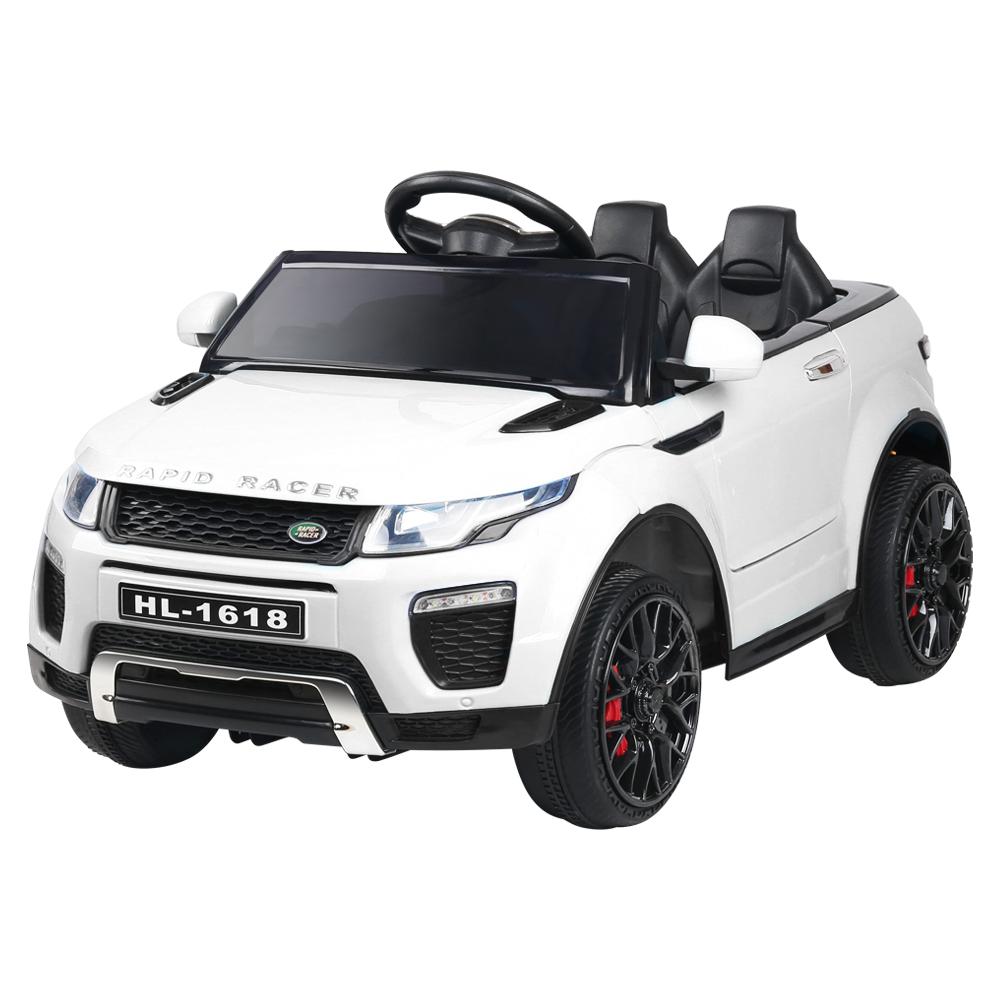 Rigo Kids Ride On Car in white, featuring a sleek design, working doors, and a digital dashboard for a realistic driving experience.