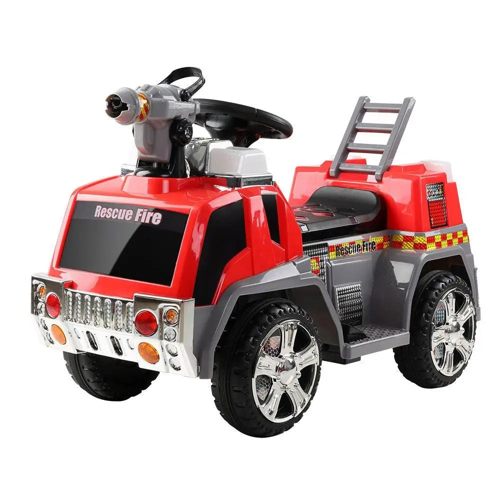 Rigo Kids Ride On Fire Truck in vibrant red and grey, featuring realistic details like a bubbles gun, flashing lights, and a movable ladder.