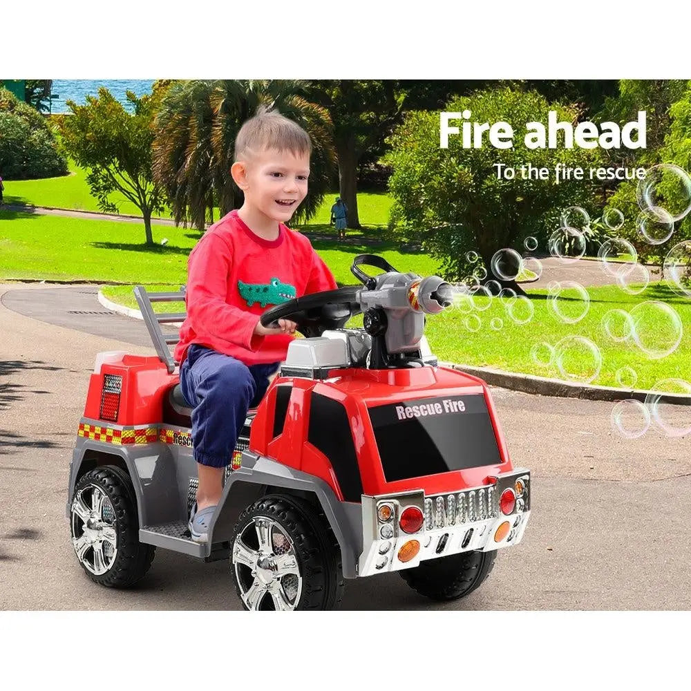 Rigo Kids Ride On Fire Truck in vibrant red and grey, featuring realistic details like a bubbles gun, flashing lights, and a movable ladder.