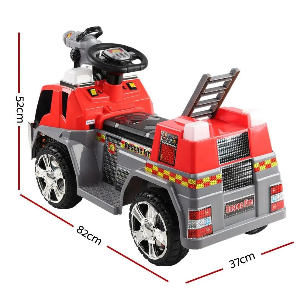 Rigo Kids Ride On Fire Truck in vibrant red and grey, featuring realistic details like a bubbles gun, flashing lights, and a movable ladder.