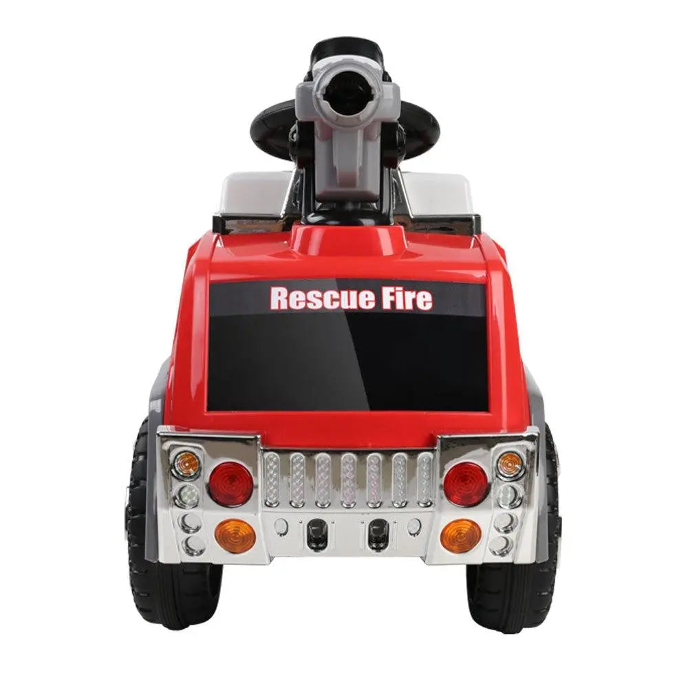 Rigo Kids Ride On Fire Truck in vibrant red and grey, featuring realistic details like a bubbles gun, flashing lights, and a movable ladder.