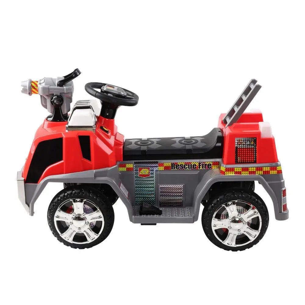 Rigo Kids Ride On Fire Truck in vibrant red and grey, featuring realistic details like a bubbles gun, flashing lights, and a movable ladder.