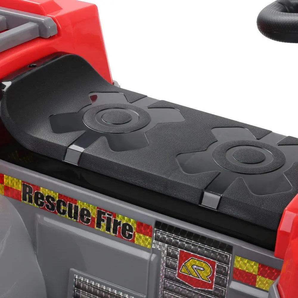 Rigo Kids Ride On Fire Truck in vibrant red and grey, featuring realistic details like a bubbles gun, flashing lights, and a movable ladder.