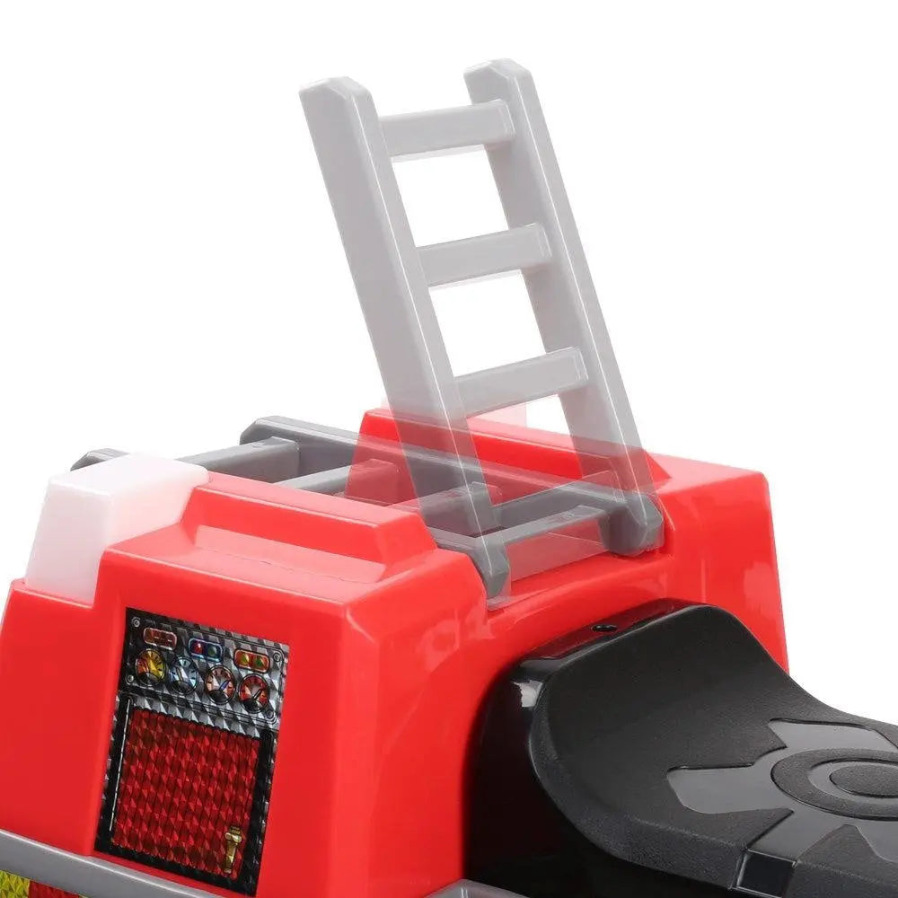 Rigo Kids Ride On Fire Truck in vibrant red and grey, featuring realistic details like a bubbles gun, flashing lights, and a movable ladder.