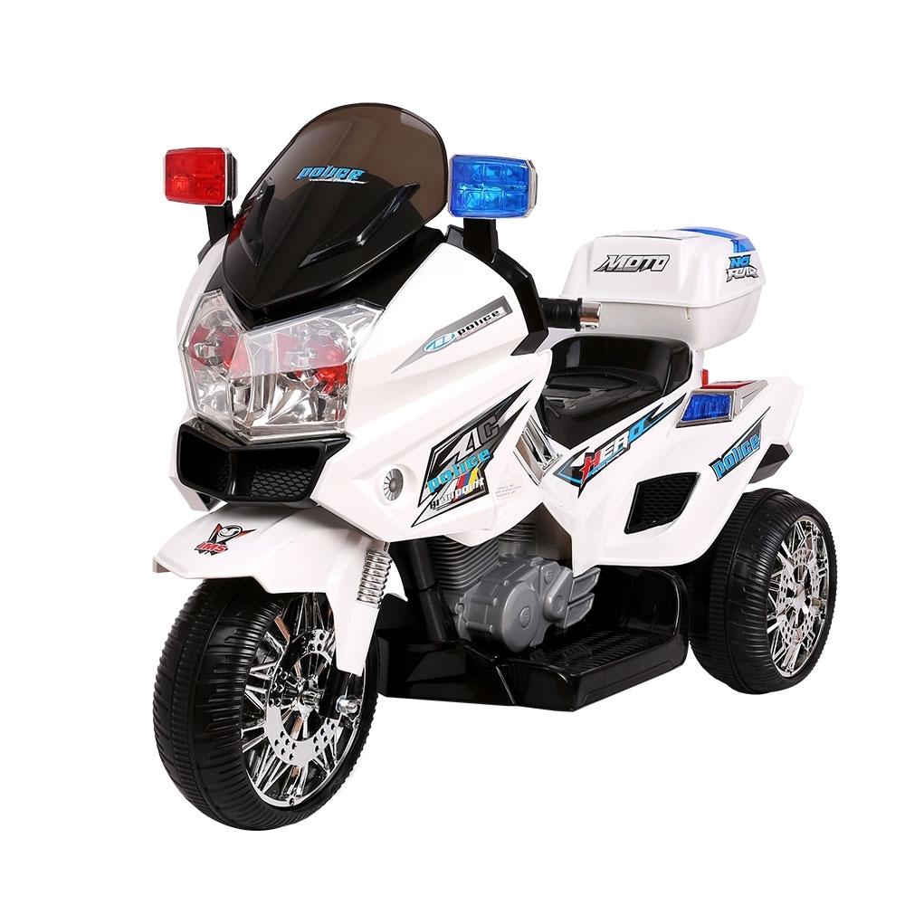 Rigo Kids Ride On Motorbike in white color, featuring three wheels, a comfortable seat, and flashing lights, designed for children aged 3-8.