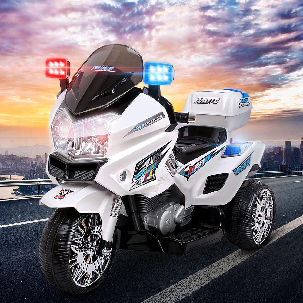 Rigo Kids Ride On Motorbike in white color, featuring three wheels, a comfortable seat, and flashing lights, designed for children aged 3-8.