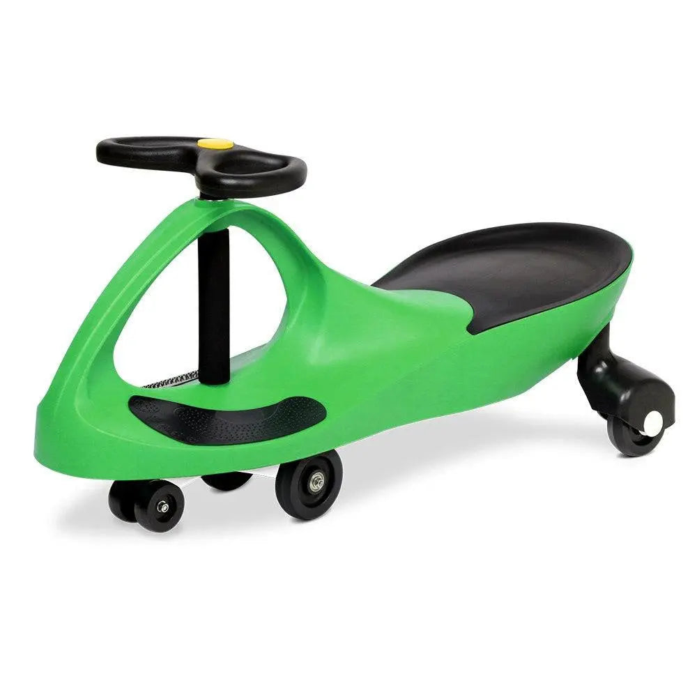 Rigo Kids Ride On Swing Car in green, featuring a steering wheel and durable design for children and adults.