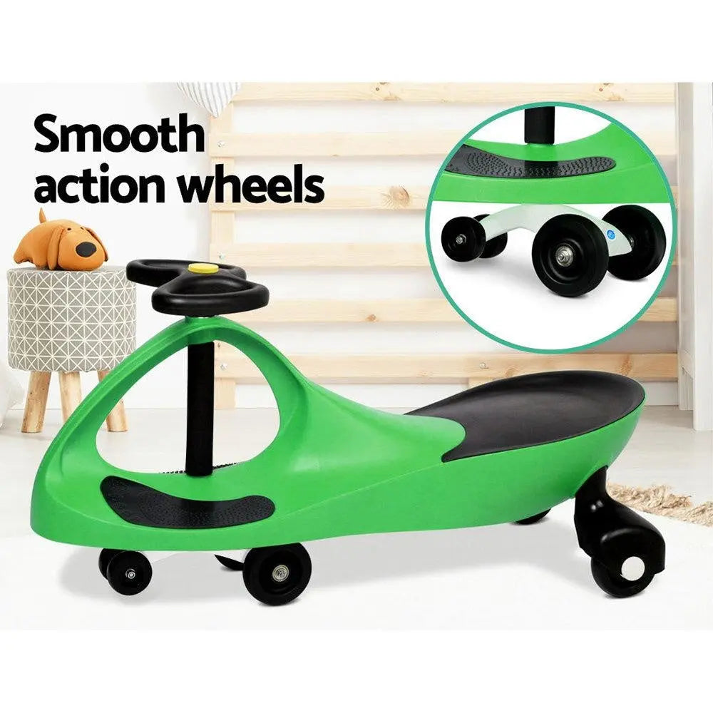 Rigo Kids Ride On Swing Car in green, featuring a steering wheel and durable design for children and adults.