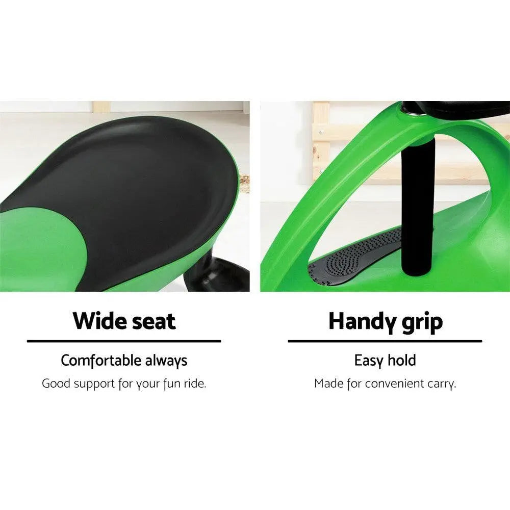 Rigo Kids Ride On Swing Car in green, featuring a steering wheel and durable design for children and adults.