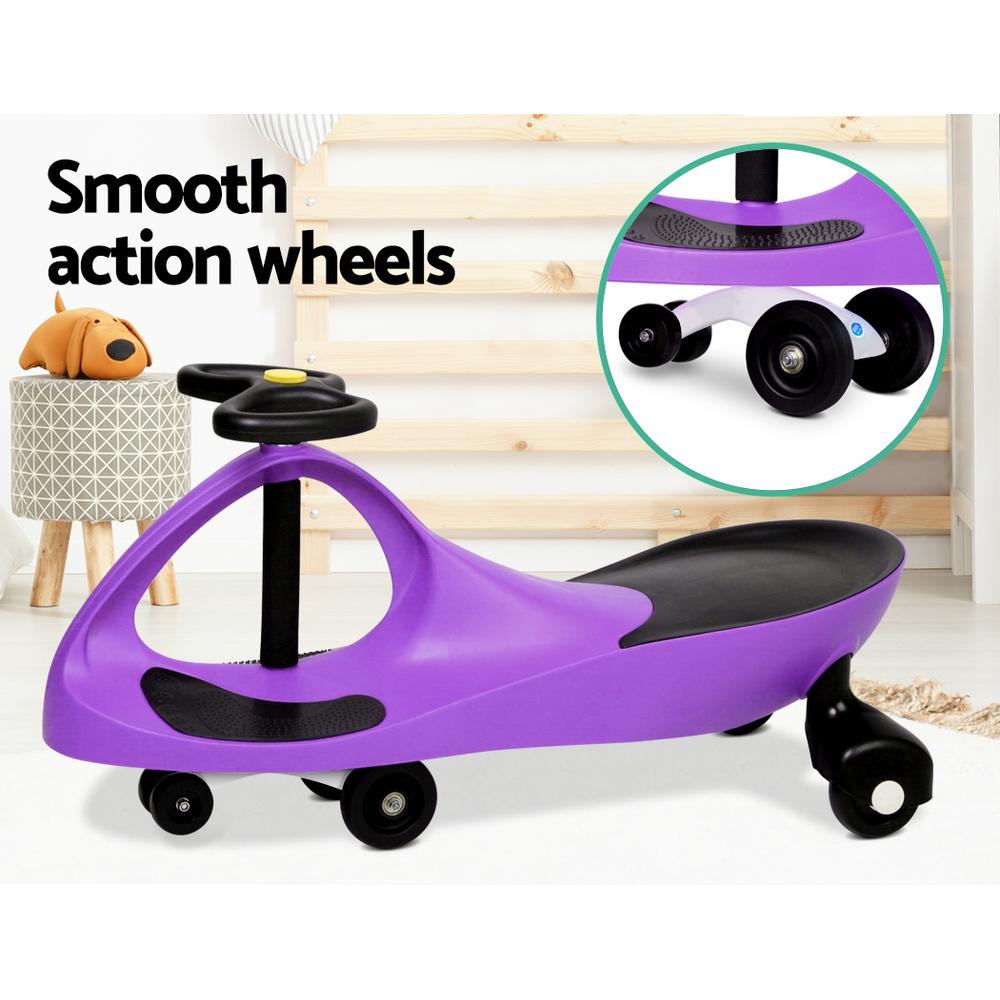 Rigo Kids Ride On Swing Car in Purple, a pedal-free toy designed for children, featuring a sturdy construction and a vibrant color.